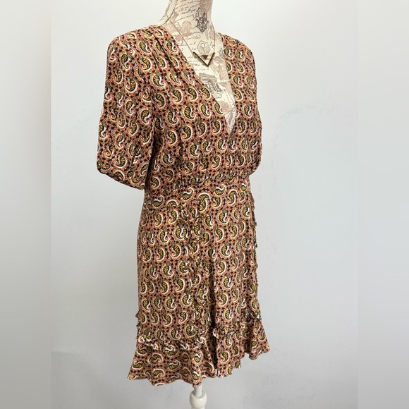 THE EAST ORDER Rust and black paisley deep V ruffle hem mini dress size L - Picture 9 of 16